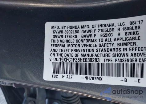 2017 Honda Civic Ex-T z USA, uszkodzony, nr VIN 19XFC1F35HE030283